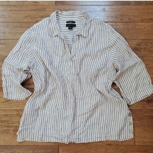 Tahari Linen Stripe Popover Striped Beige Button-Up Top